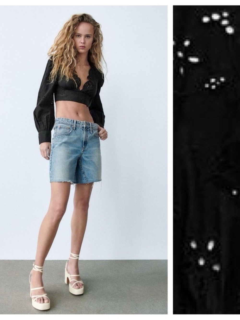 ZARA Black Eyelet V-Neck Cropped Blouse - Picture 3 of 12
